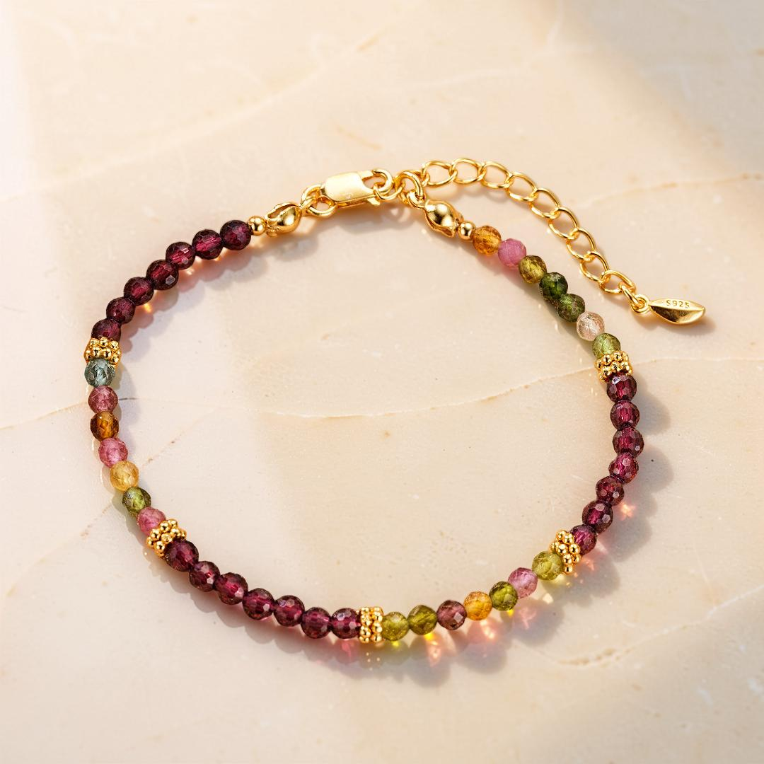 Bracelet Grenat et Tourmaline – Équilibre Chromatique, Argent Plaqué Or