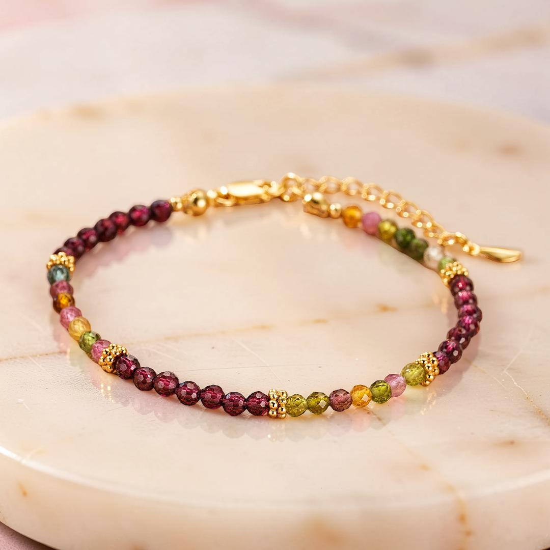 Bracelet Grenat et Tourmaline – Équilibre Chromatique, Argent Plaqué Or