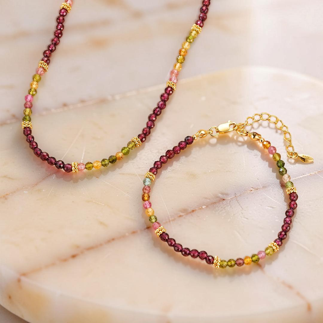 Bracelet Grenat et Tourmaline – Équilibre Chromatique, Argent Plaqué Or