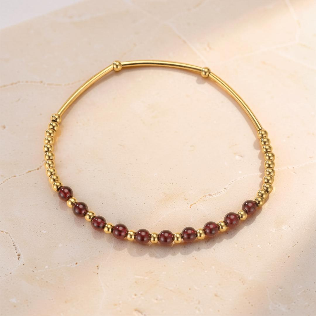 Bracelet Grenat – Rayonnement Solaire, Plaqué Or 18K
