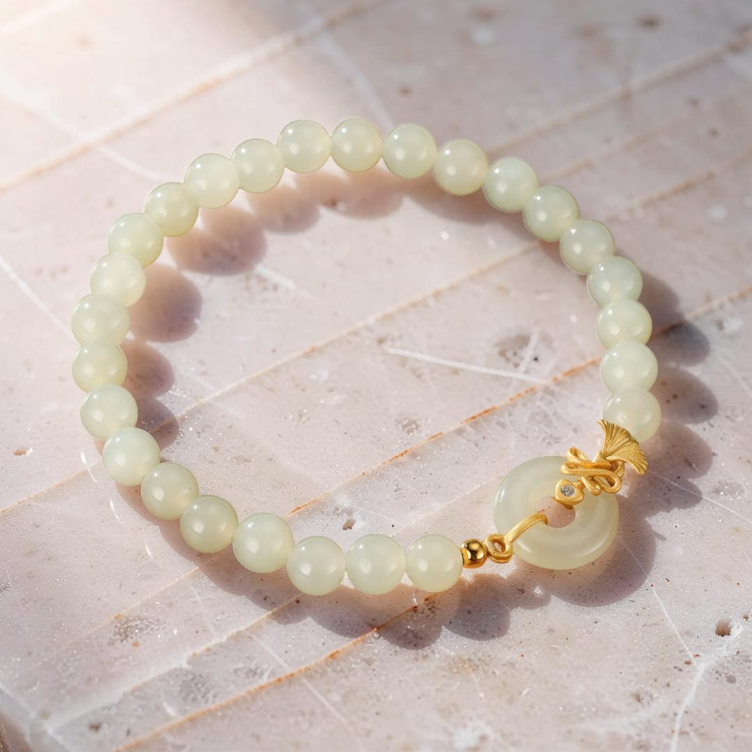 Bracelet Jade Blanc – Grâce d'Œillet, Argent Plaqué Or