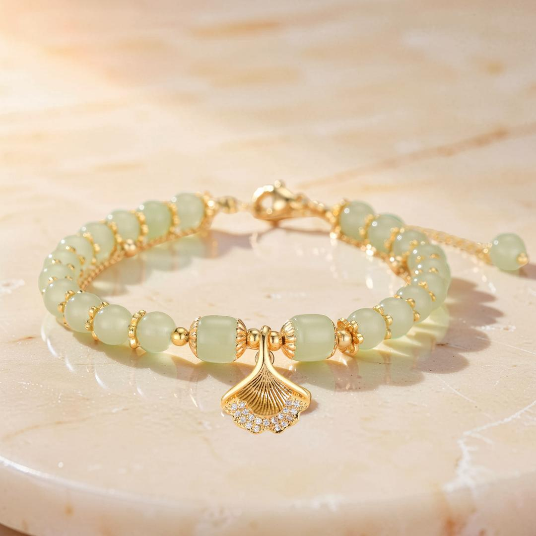 Bracelet Jade – Feuille Ginkgo, Argent Plaqué Or