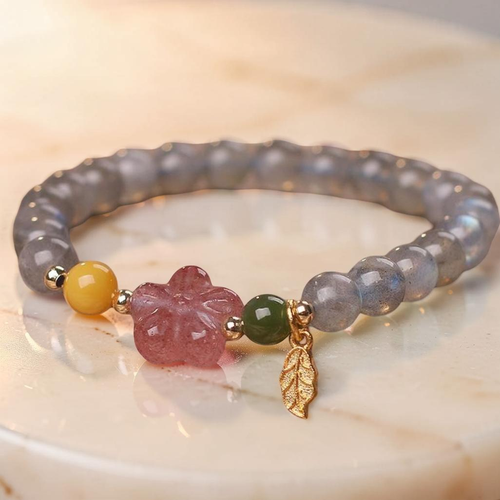 Bracelet Labradorite et Quartz Fraise – Feuille Dorée