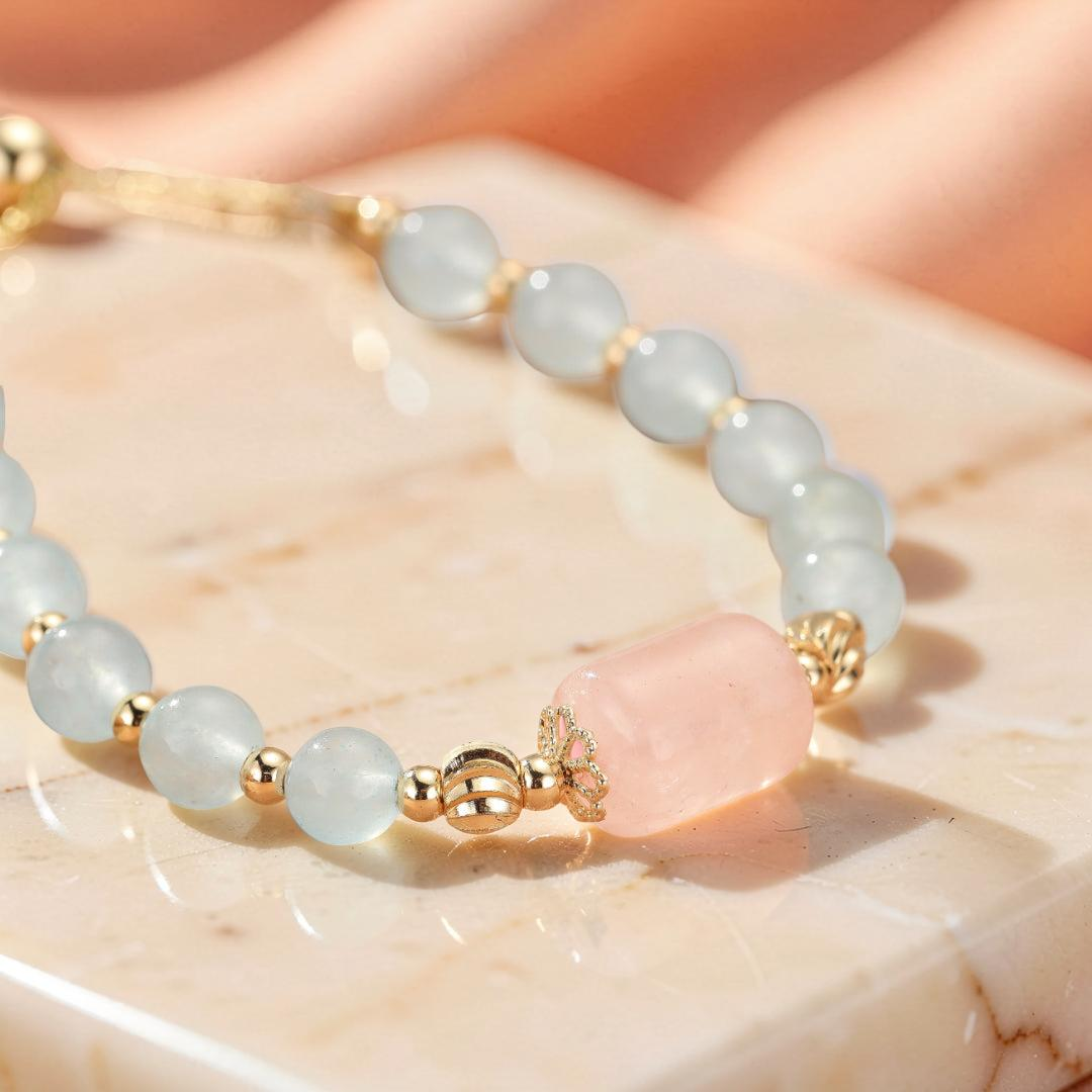 Bracelet Aigue-marine et Quartz Rose – Douceur Éthérée