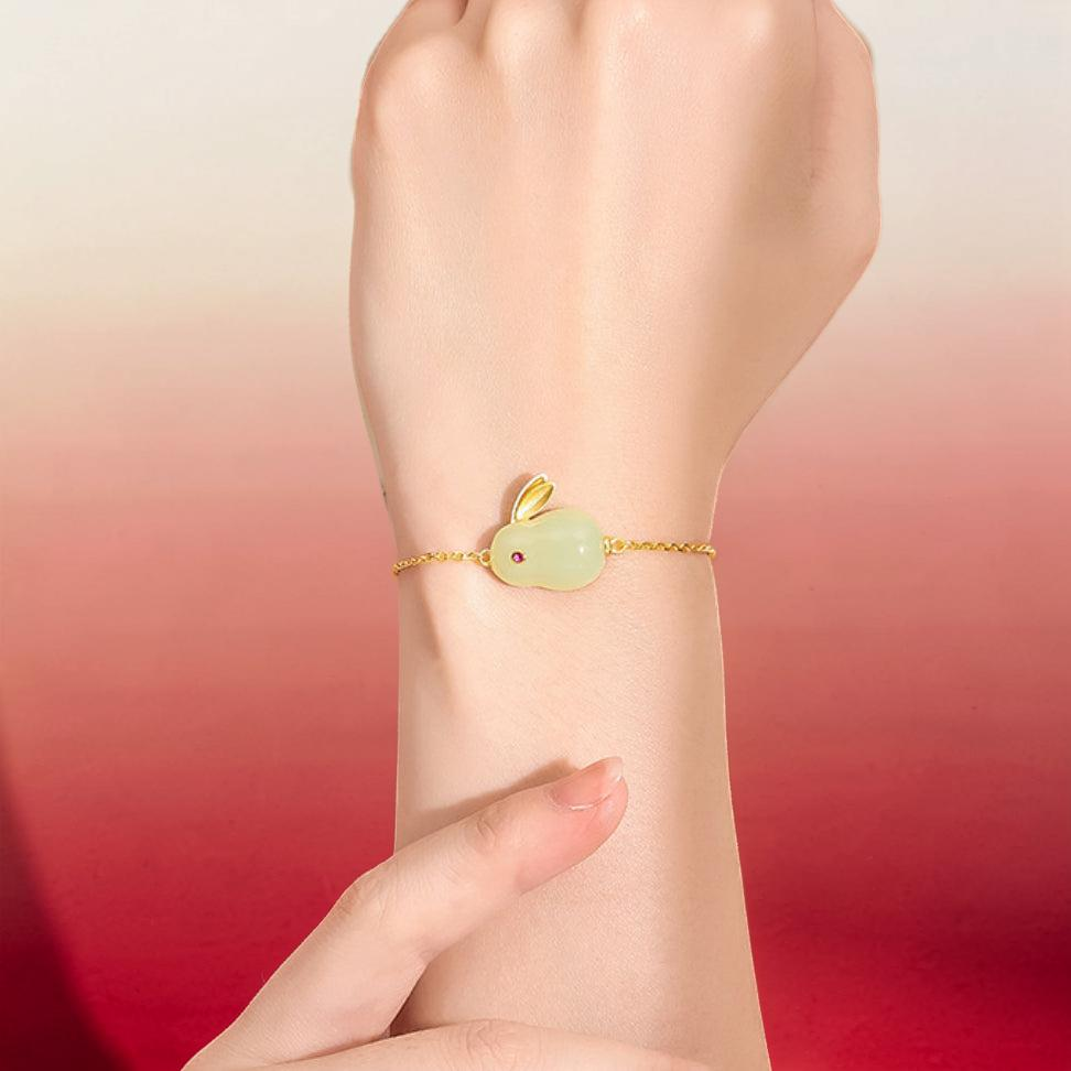 Bracelet Lapin en Jade – Sagesse, Argent Plaqué Or