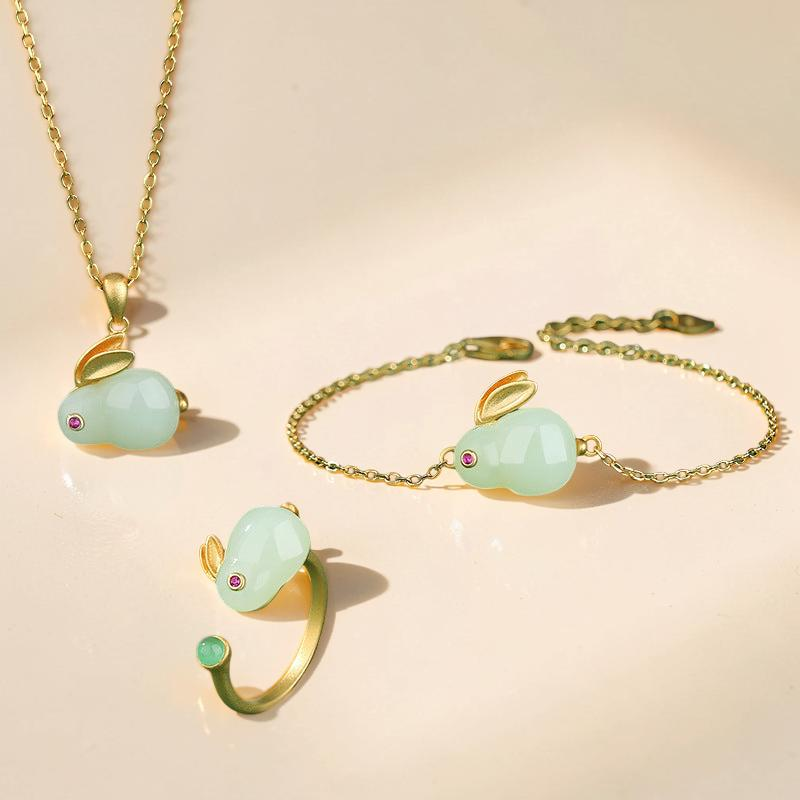 Bracelet Lapin en Jade – Sagesse, Argent Plaqué Or