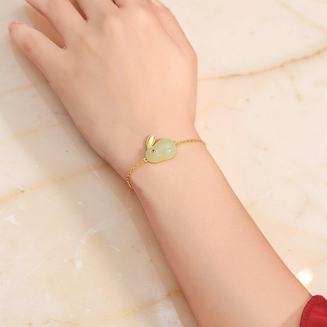 Bracelet Lapin en Jade – Sagesse, Argent Plaqué Or