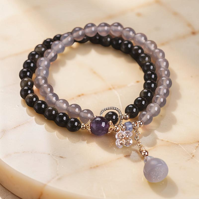 Bracelet Lotus Agate et Obsidienne – Paix Intérieure