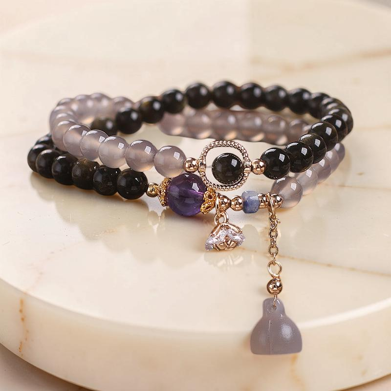 Bracelet Lotus Agate et Obsidienne – Paix Intérieure