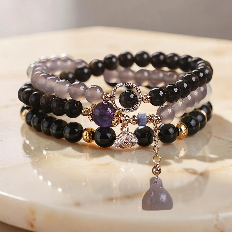 Bracelet Lotus Agate et Obsidienne – Paix Intérieure