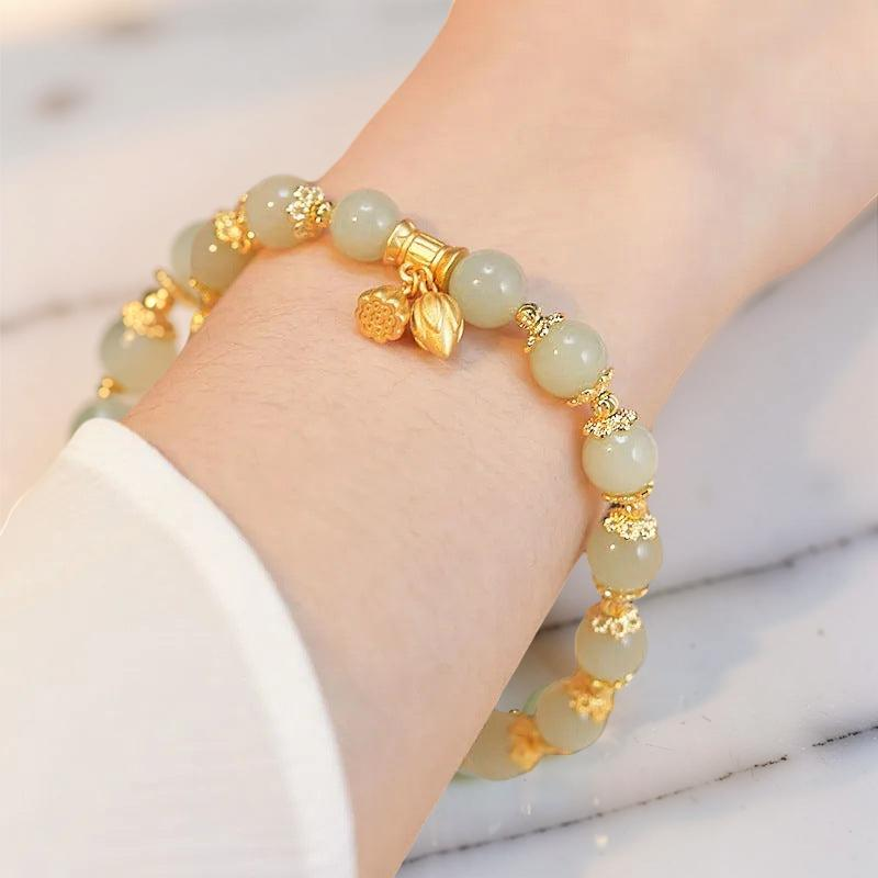 Bracelet Lotus en Jade – Sérénité Pure, Argent Plaqué Or