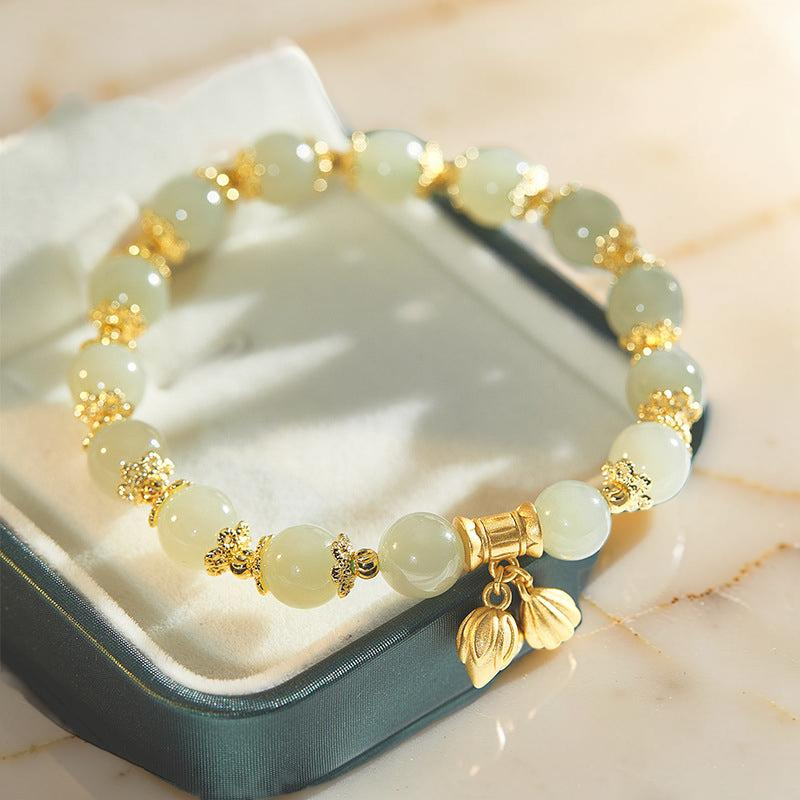 Bracelet Lotus en Jade – Sérénité Pure, Argent Plaqué Or