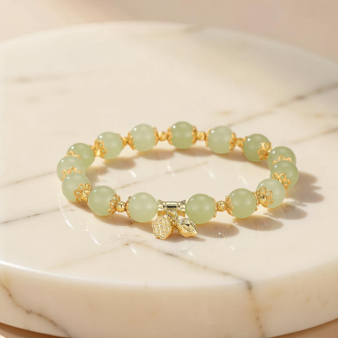 Bracelet Lotus en Jade – Sérénité Pure, Argent Plaqué Or