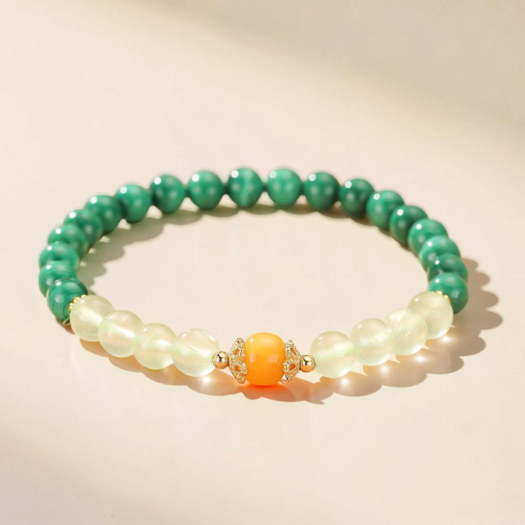 Bracelet Malachite, Préhnite et Ambre – Harmonie des Énergies