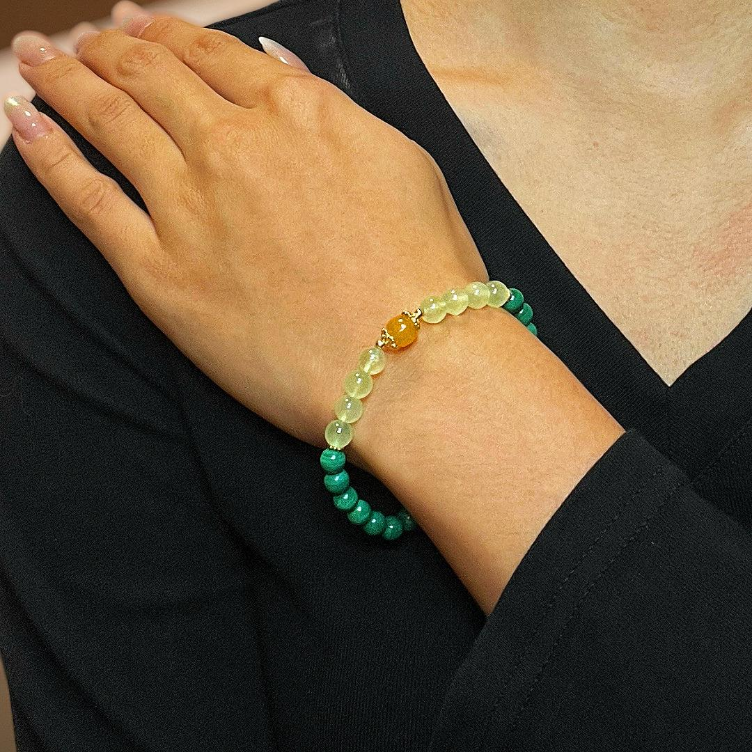 Bracelet Malachite, Préhnite et Ambre – Harmonie des Énergies