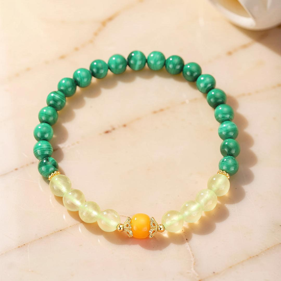 Bracelet Malachite, Préhnite et Ambre – Harmonie des Énergies