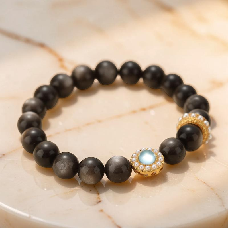 Bracelet Obsidienne et Aigue Marine – Éclat Marin