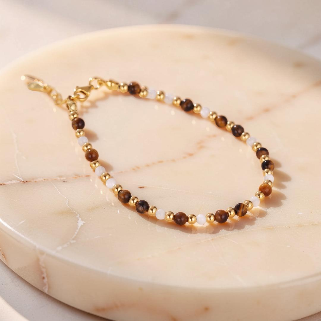 Bracelet Œil de Tigre – Charme Royal, Argent Plaqué Or