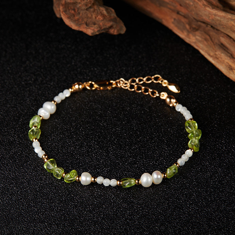 Bracelet Péridot, Perles et Nacre – Gouttes Solaires, Argent Plaqué Or