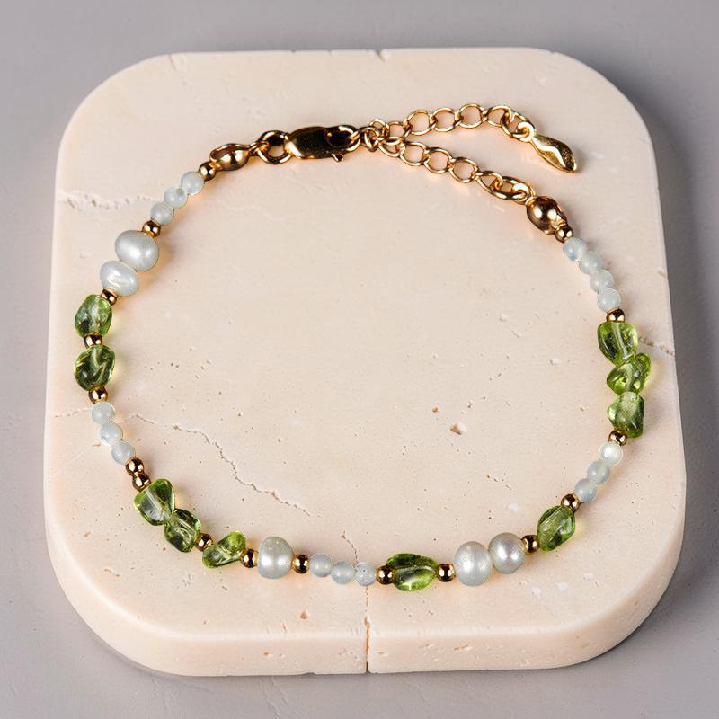 Bracelet Péridot, Perles et Nacre – Gouttes Solaires, Argent Plaqué Or