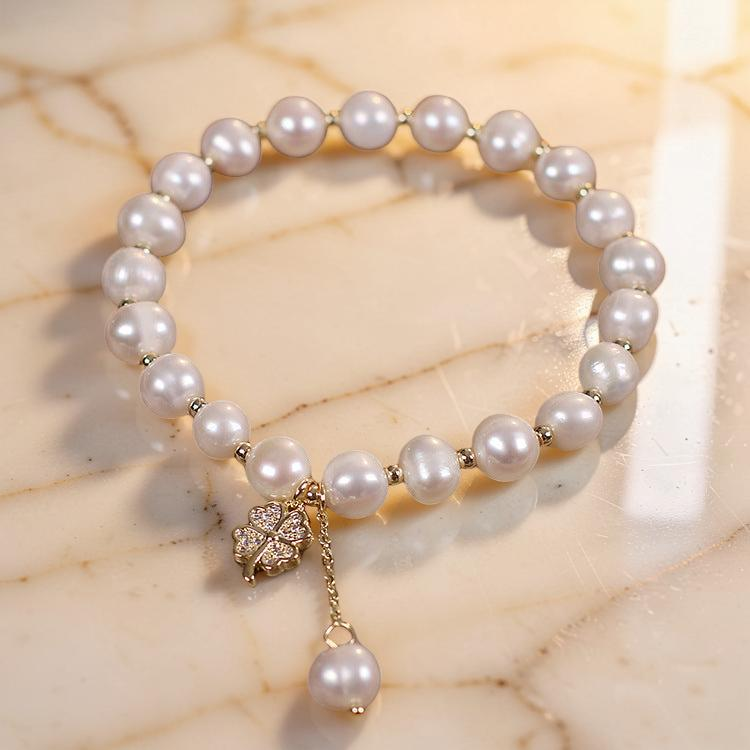 Bracelet Perle d'Eau Douce – Trèfle à Quatre Feuilles
