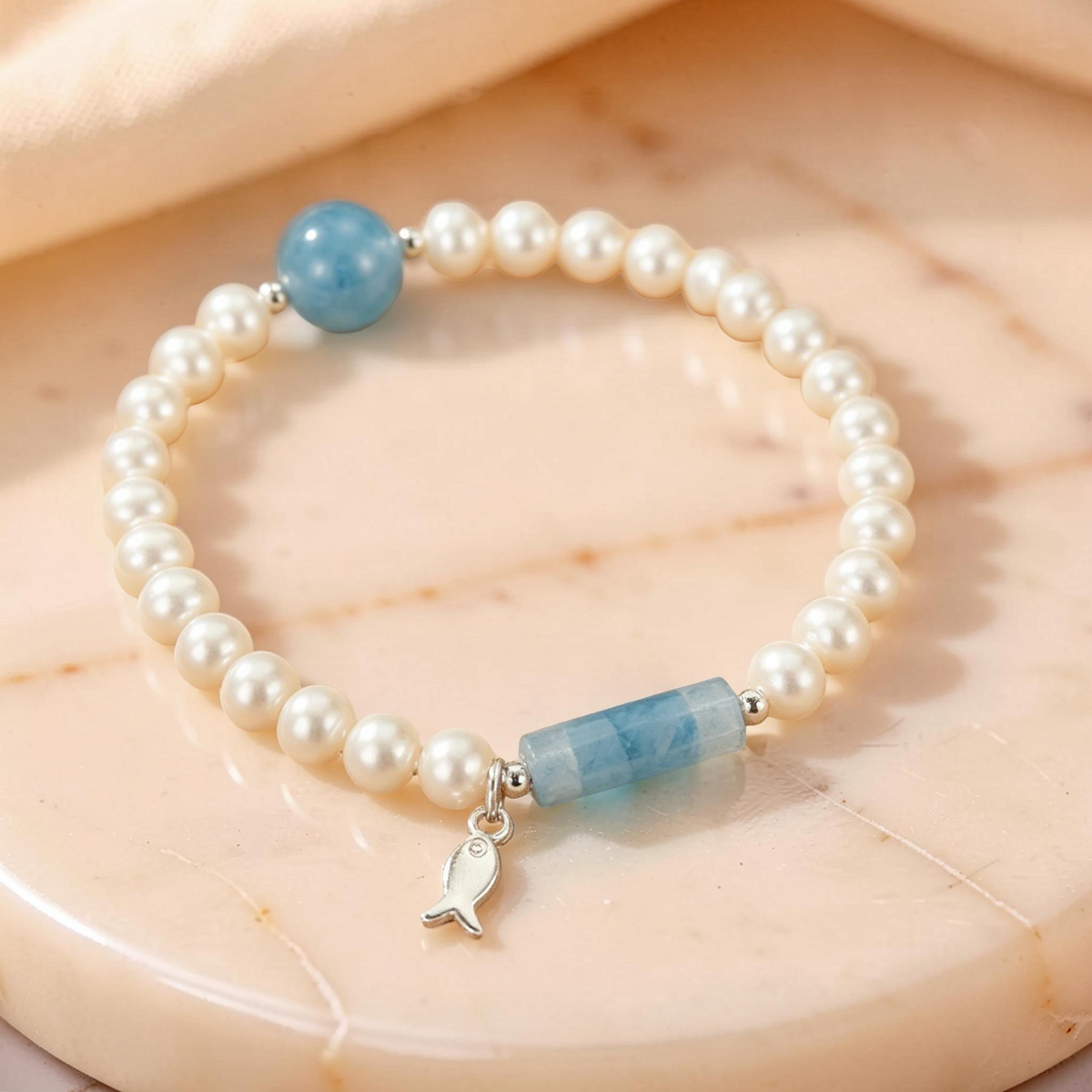 Bracelet Perle et Aigue-marine – Douce Harmonie, Argent