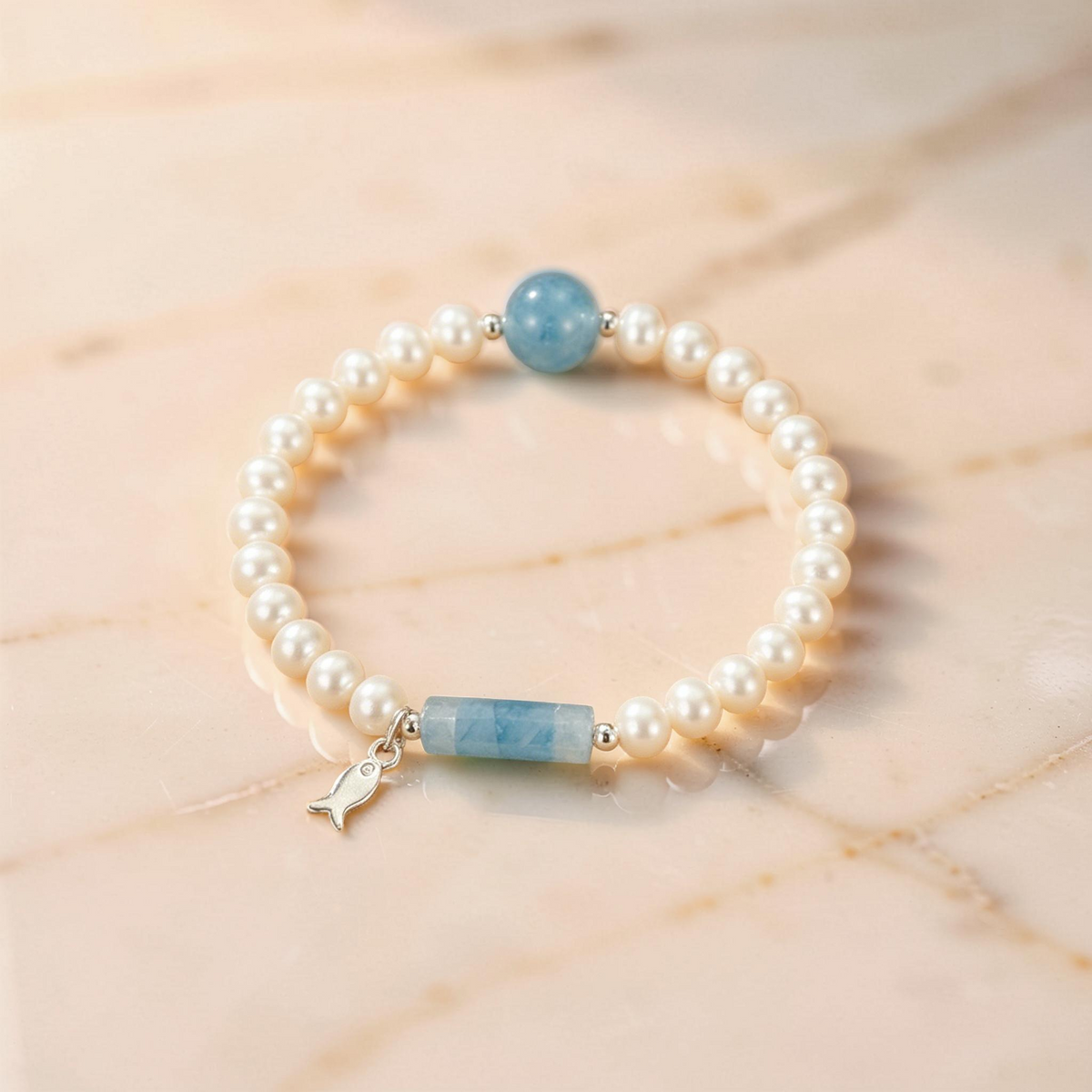 Bracelet Perle et Aigue-marine – Douce Harmonie, Argent