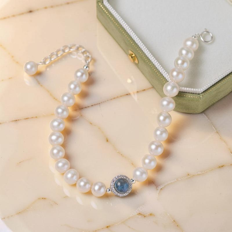 Bracelet Perle et Aigue Marine – Harmonie Océanique, Argent