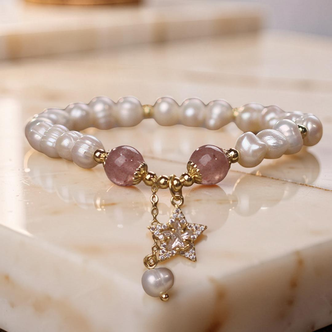 Bracelet Perle et Quartz Fraise – Étoile Mystique