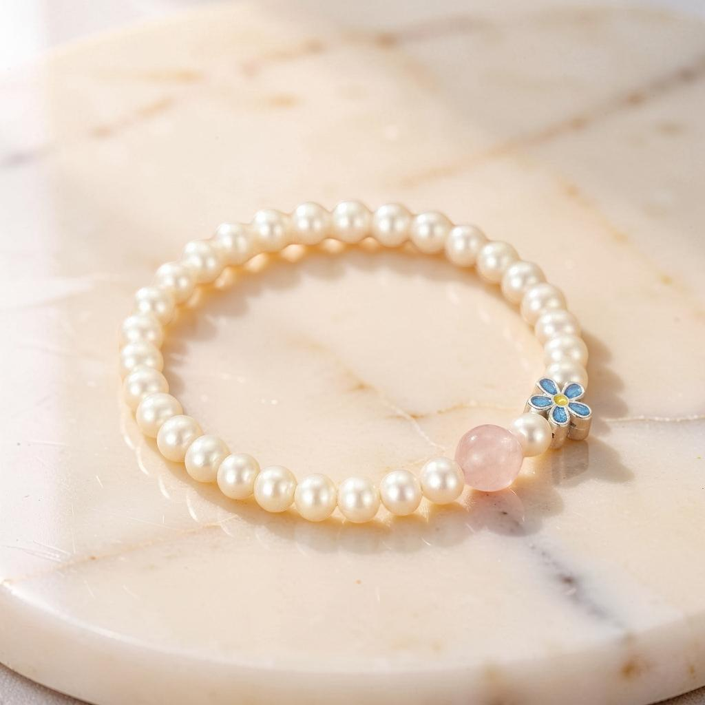 Bracelet Perle et Quartz Rose – Tendresse Fleurie, Argent Pur