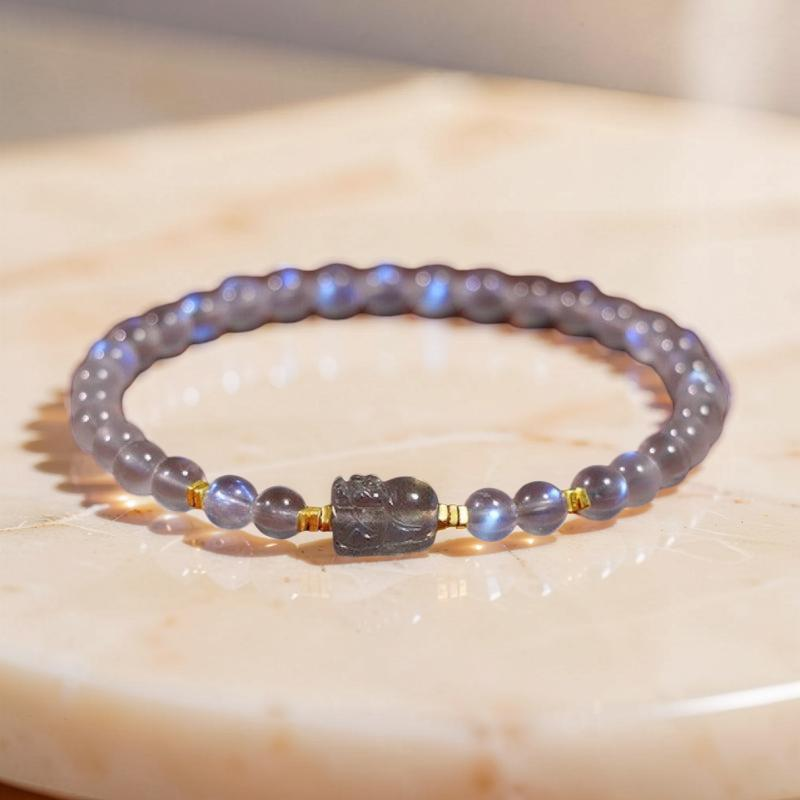 Bracelet Pi Xiu Pierre de Lune et Labradorite – Magie Nocturne, Argent Plaqué Or