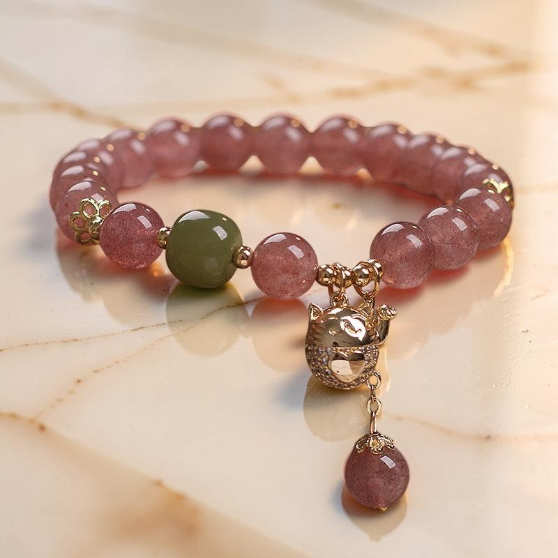 Bracelet Quartz Fraise – Maneki-neko, Argent Plaqué Or
