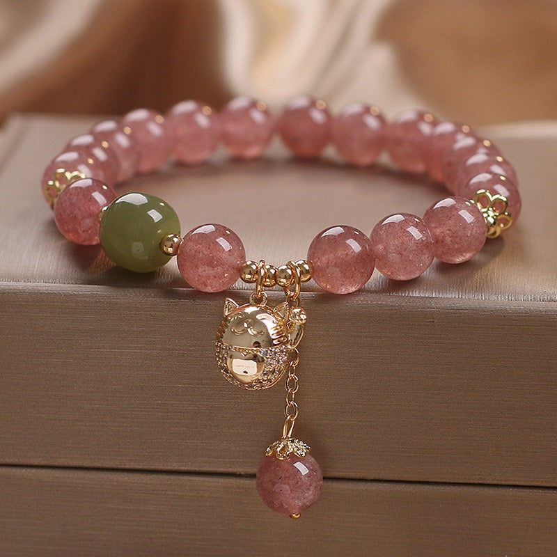 Bracelet Quartz Fraise – Maneki-neko, Argent Plaqué Or