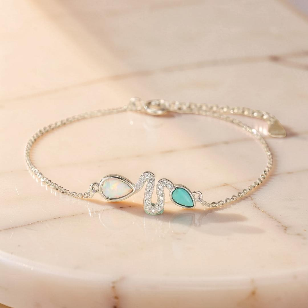 Bracelet Serpent Opale et Turquoise – Larmes de Lagon, Argent 925