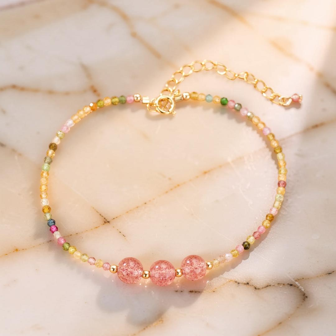 Bracelet Tourmaline et Quartz Fraise – Délicate Énergie