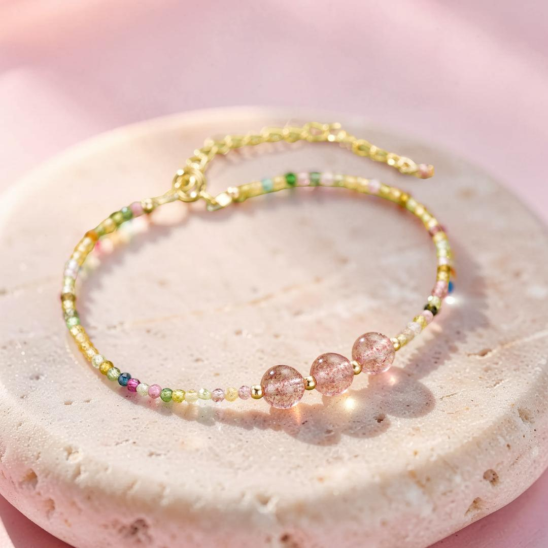 Bracelet Tourmaline et Quartz Fraise – Délicate Énergie