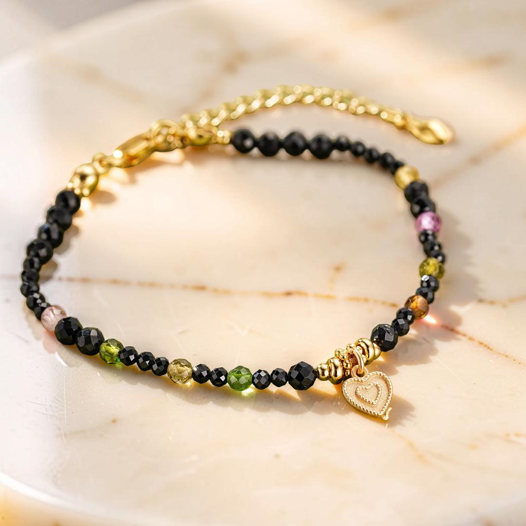 Bracelet Tourmaline et Spinelle Noire – Talisman du Cœur, Argent Plaqué Or