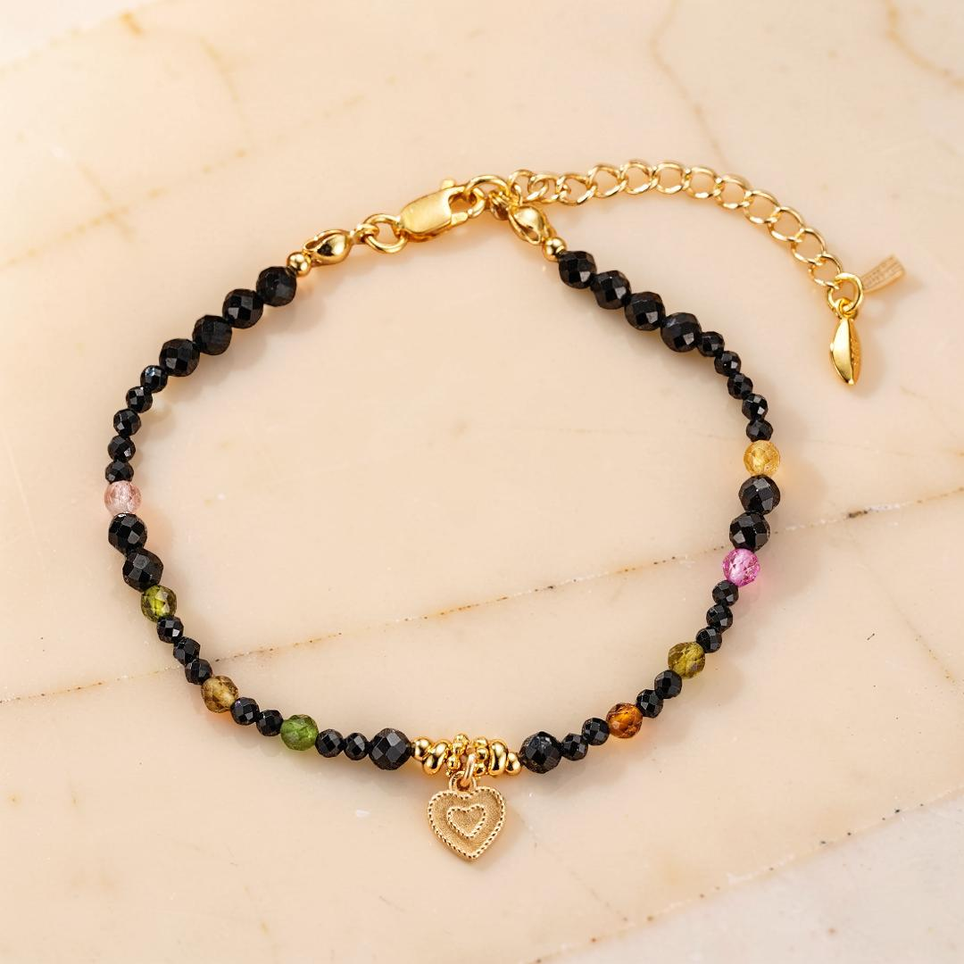 Bracelet Tourmaline et Spinelle Noire – Talisman du Cœur, Argent Plaqué Or