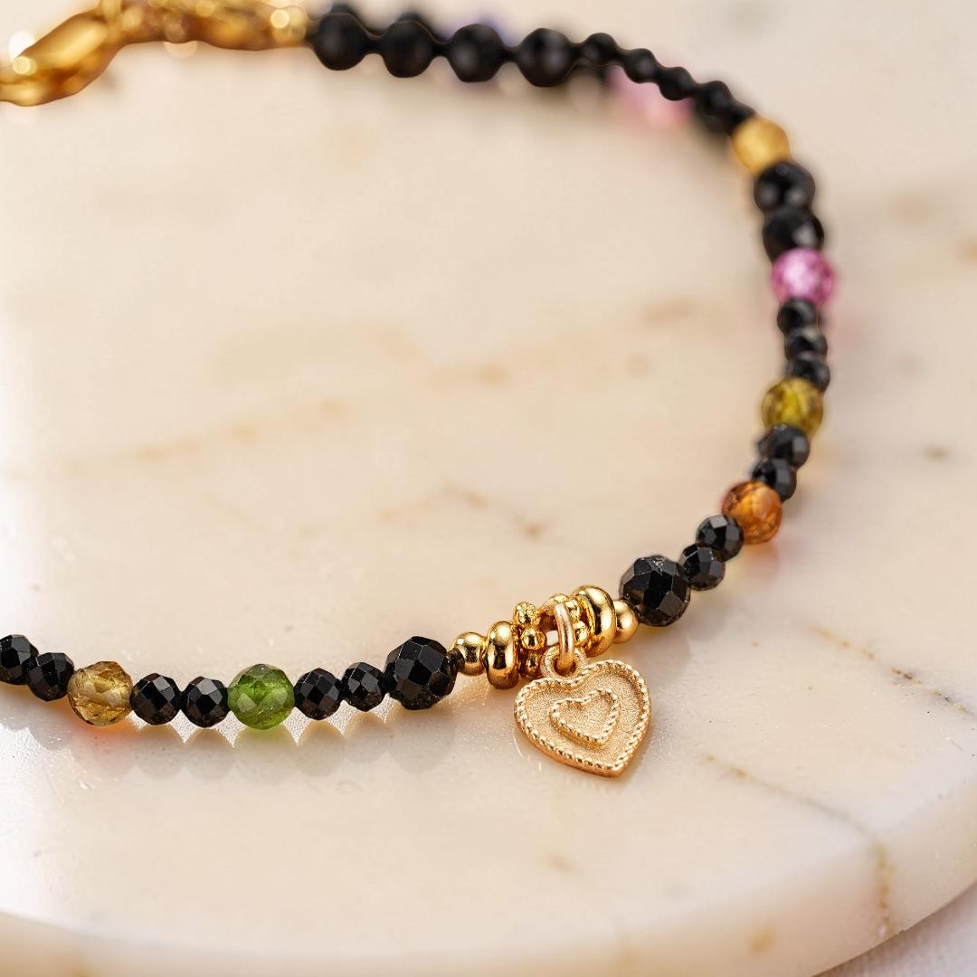 Bracelet Tourmaline et Spinelle Noire – Talisman du Cœur, Argent Plaqué Or