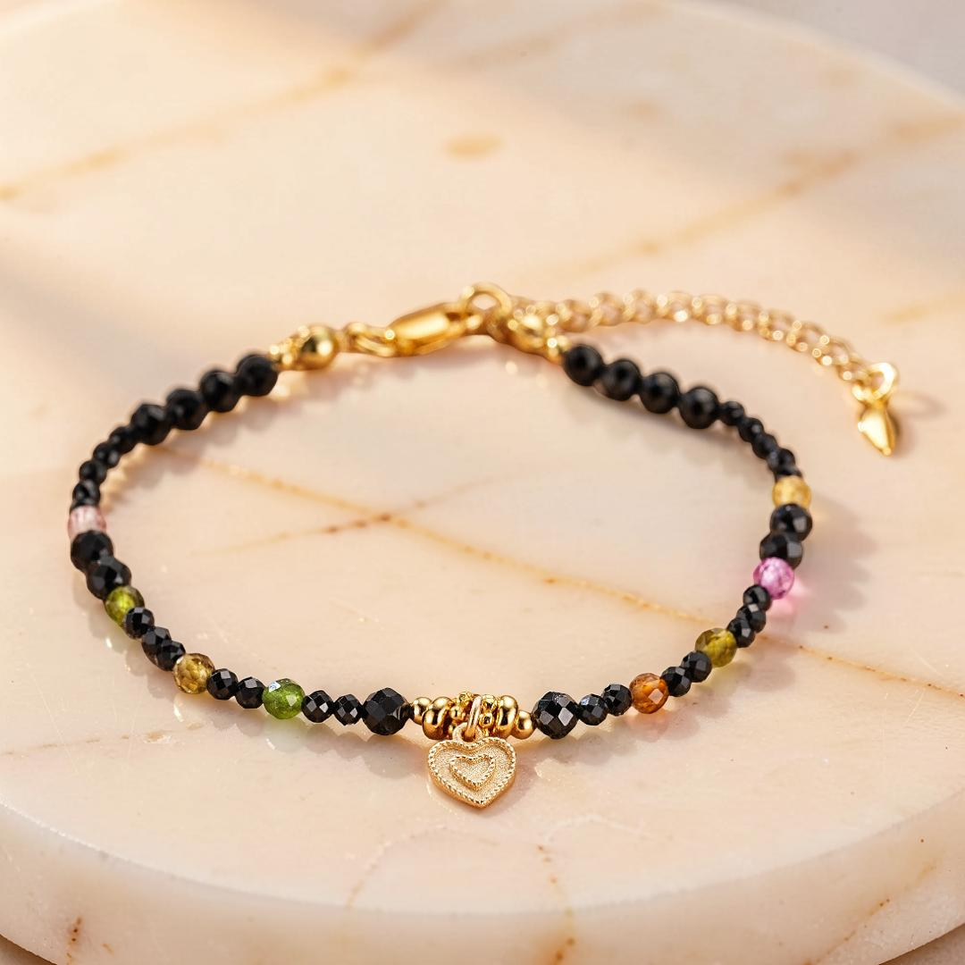 Bracelet Tourmaline et Spinelle Noire – Talisman du Cœur, Argent Plaqué Or