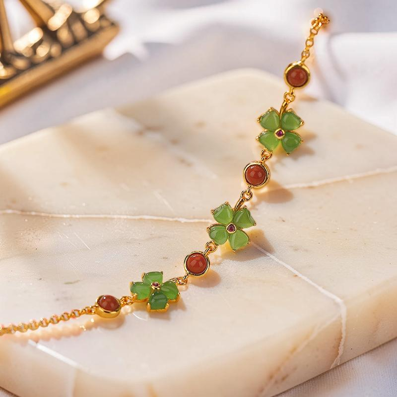 Bracelet Trèfle en Jade – Chance Sereine, Argent Plaqué Or