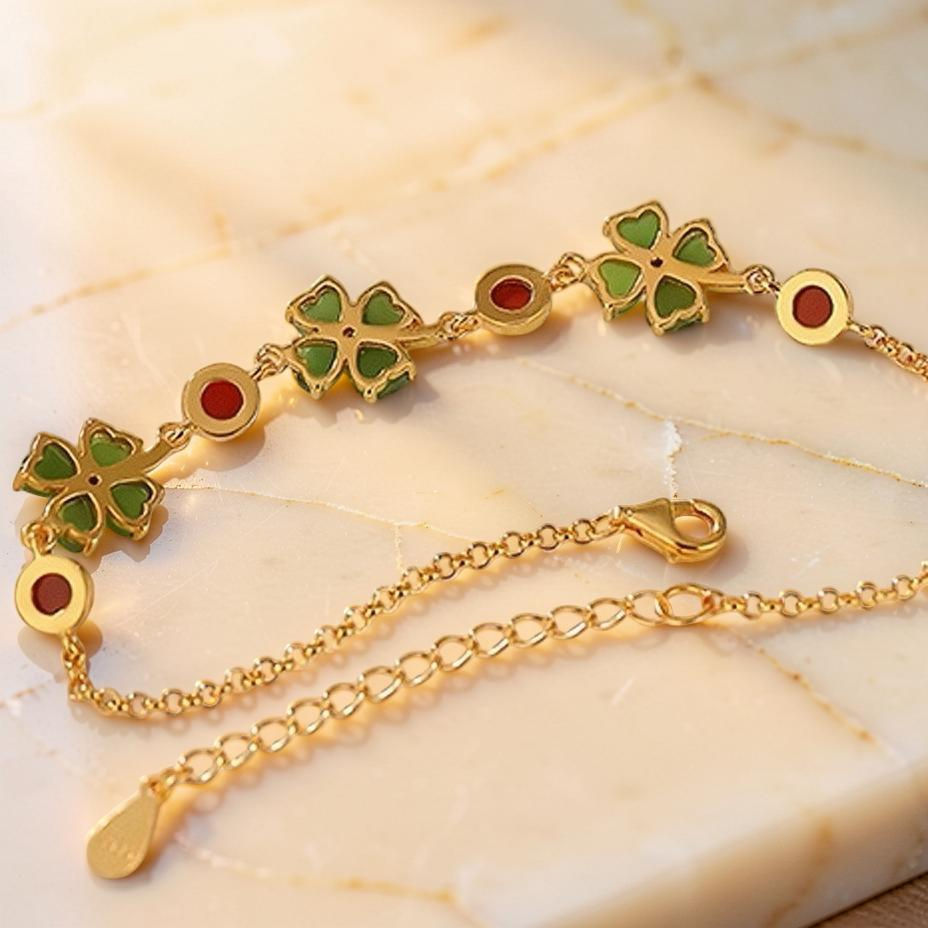 Bracelet Trèfle en Jade – Chance Sereine, Argent Plaqué Or