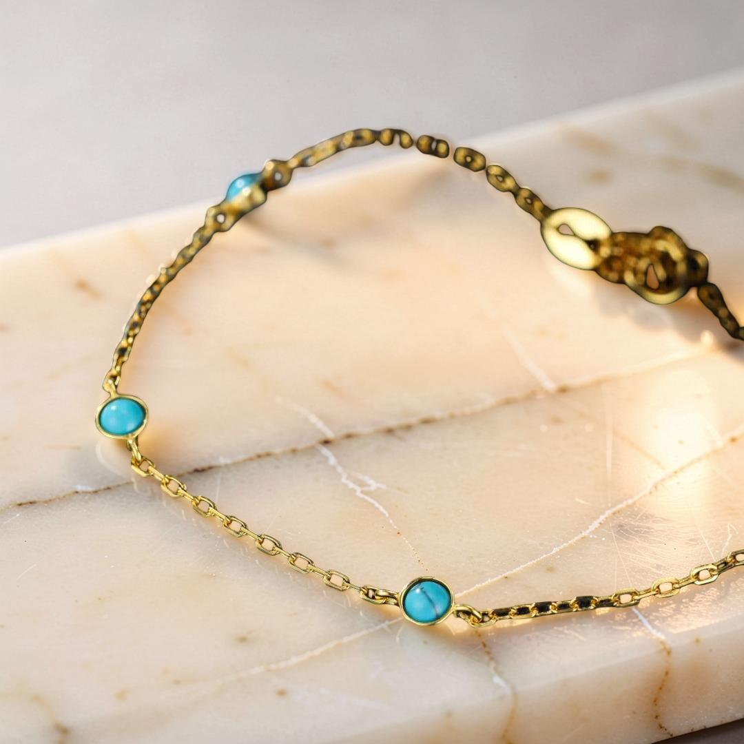 Bracelet Turquoise – Perles du Soleil, Argent Plaqué Or