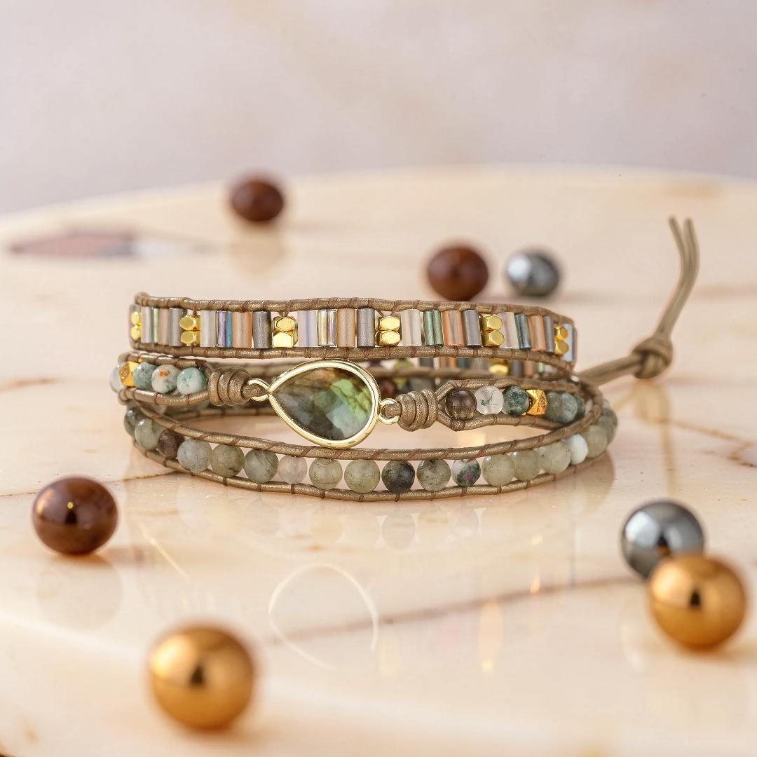 Bracelet Wrap Labradorite – Radiance Naturelle, Cuir