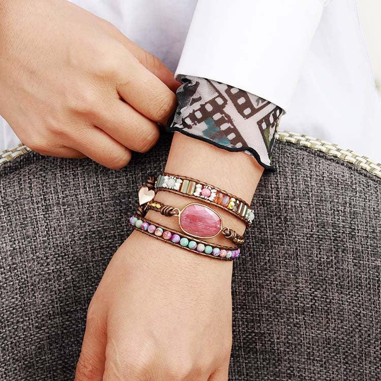 Bracelet Wrap Rhodochrosite et Jaspe – Éclat de Vitalité