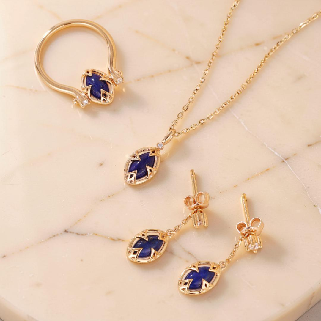 Boucles d'Oreilles Lapis Lazuli et Quartz Clair – Étoile du Matin, Argent Plaqué Or