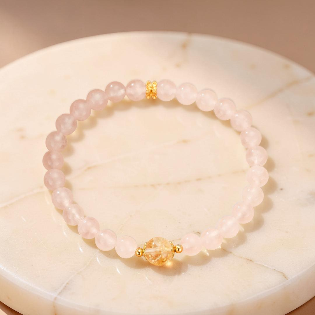 Bracelet Quartz Rose et Citrine – Équilibre Radieux, Argent Plaqué Or