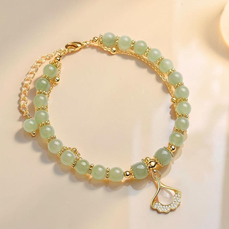 Bracelet Jade – Feuille Ginkgo, Argent Plaqué Or
