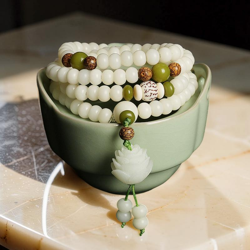 Mâlâ Jade et Graine de Bodhi – Fleur de Jade, 108 Perles