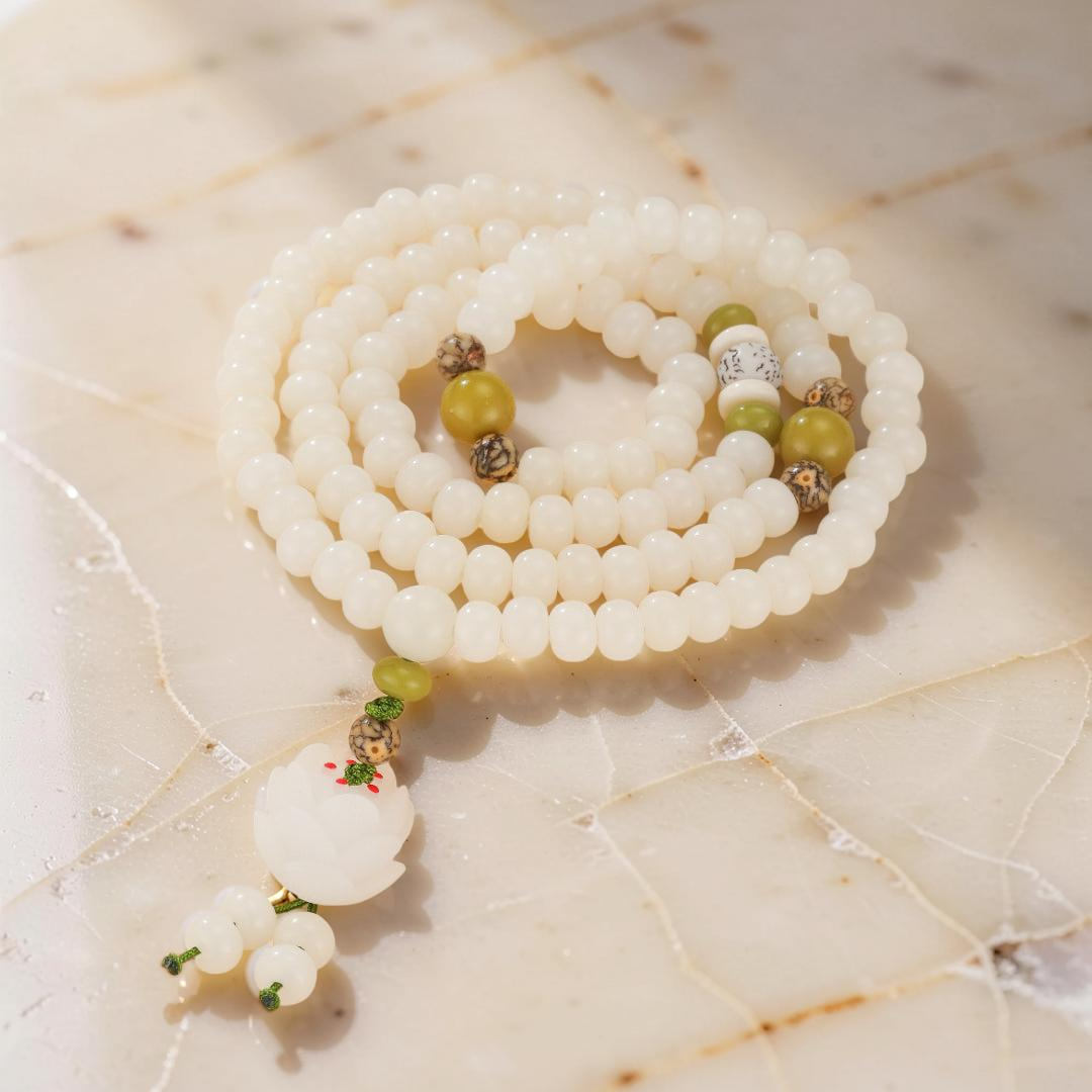 Mâlâ Jade et Graine de Bodhi – Fleur de Jade, 108 Perles